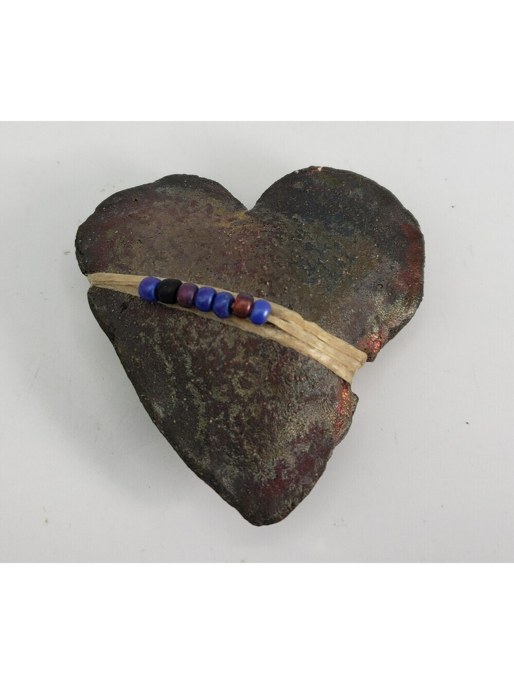 Raku Art Pottery Spirit Rattle Heart Shape Beaded Hand Made Artisan